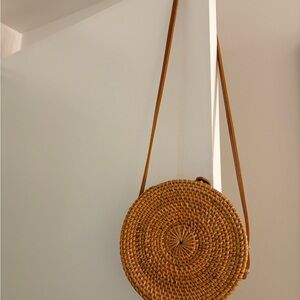 Round Woven Tan Crossbody Bag